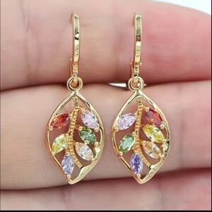 Multi-Color Cubic Zirconia Leaf 14k Gold Plated Earrings